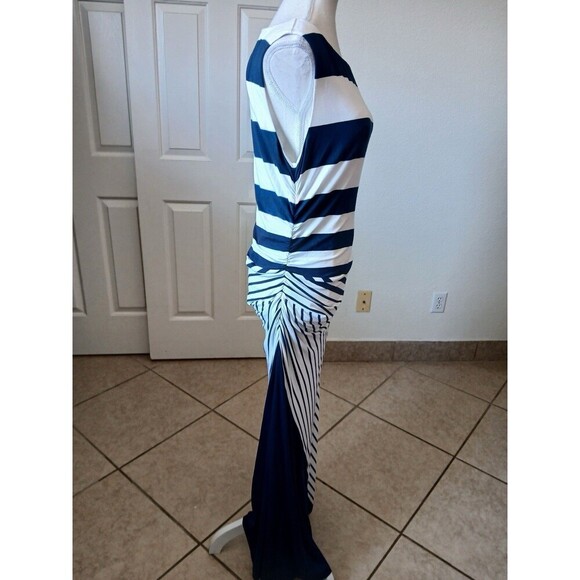 Soft Surroundings Maxi Dress Blue White Stripe Shirred Side M Coastal Nautical - Picture 6 of 16